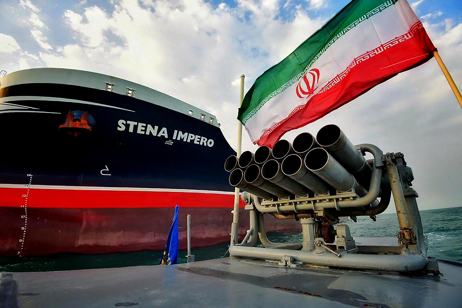 The British-flagged oil tanker Stena Impero  Iranian Revolutionary Guards in speedboats patrolling the British-flagged oil tanker Stena Impero, which was seized in the Strait of Hormuz on Friday by the Guard, in the Iranian port of Bandar Abbas. Global stock markets were subdued Monday while the price of oil climbed as tensions in the Persian Gulf escalated after Iran's seizure of a British oil tanker.  Iran, Persian Gulf, on July 21, 2019. Handout Photo by SalamPix/ABACAPRESS.COM SalamPix/ABACA /PIXSELL