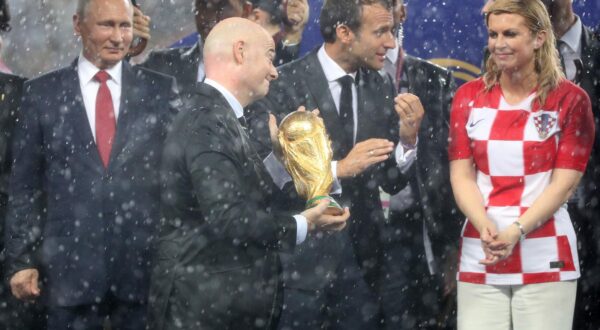 15.07.2018., stadion Luznjiki, Moskva, Rusija - Svjetsko nogometno prvenstvo 2018., finale, Francuska - Hrvatska. Vladimir Putin, Emmanuel Macron, Kolinda Grabar-Kitarovic, Gianni Infantino. Photo: Igor Kralj/PIXSELL