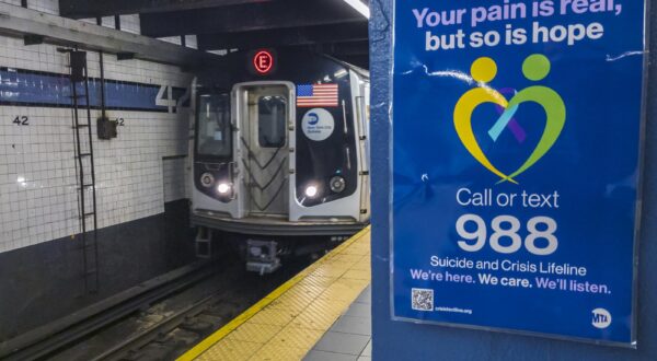 Suicide hotline promotion in the New York subway on Sunday, April 30, 2023. (Â Richard B. Levine) Photo via Newscom Photo: Richard B. Levine/NEWSCOM