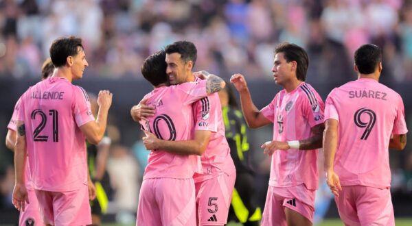 May 31, 2025; Fort Lauderdale, Florida, USA; Inter Miami CF forward Lionel Messi (10) celebrates with midfielder Sergio Busquets (5) after scoring against the Columbus Crew during the first half at Chase Stadium. Mandatory Credit: Sam Navarro-Imagn Images/Sipa USA Photo: Imagn Images/SIPA USA