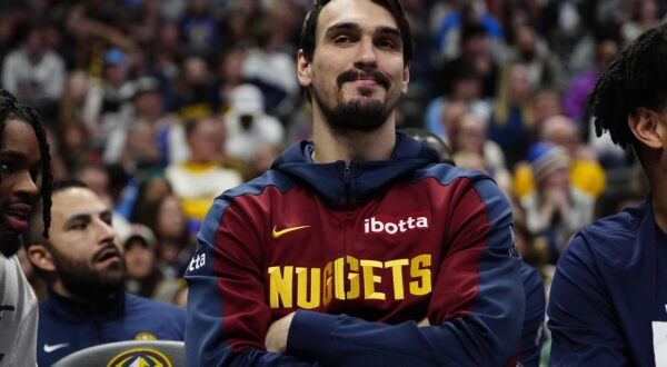 Feb 3, 2025; Denver, Colorado, USA; Denver Nuggets forward Dario Saric (9) on the bench in the second half against the New Orleans Pelicans at Ball Arena. Mandatory Credit: Ron Chenoy-Imagn Images/Sipa USA Photo: Imagn Images/SIPA USA