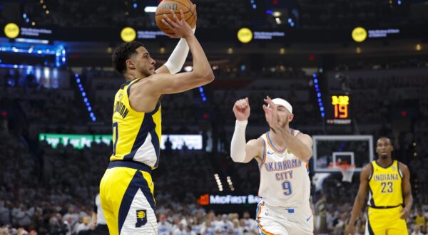 Jun 5, 2025; Oklahoma City, Oklahoma, USA; Indiana Pacers guard Tyrese Haliburton (0) shoots the ball over Oklahoma City Thunder guard Alex Caruso (9) during the first quarter during game one of the 2025 NBA Finals at Paycom Center. Mandatory Credit: Alonzo Adams-Imagn Images/Sipa USA Photo: Imagn Images/SIPA USA