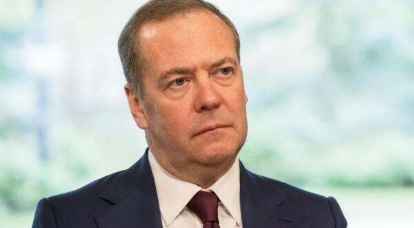 RUSSIA, MOSCOW REGION - MAY 7, 2025: Russian Security Council Deputy Chairman, United Russia Party leader Dmitry Medvedev looks on during a meeting with Cuba's President Miguel Diaz-Canel Bermudez at the Gorki residence. Yekaterina Shtukina/POOL/TASS/Sipa USA Photo: Tass/SIPA USA