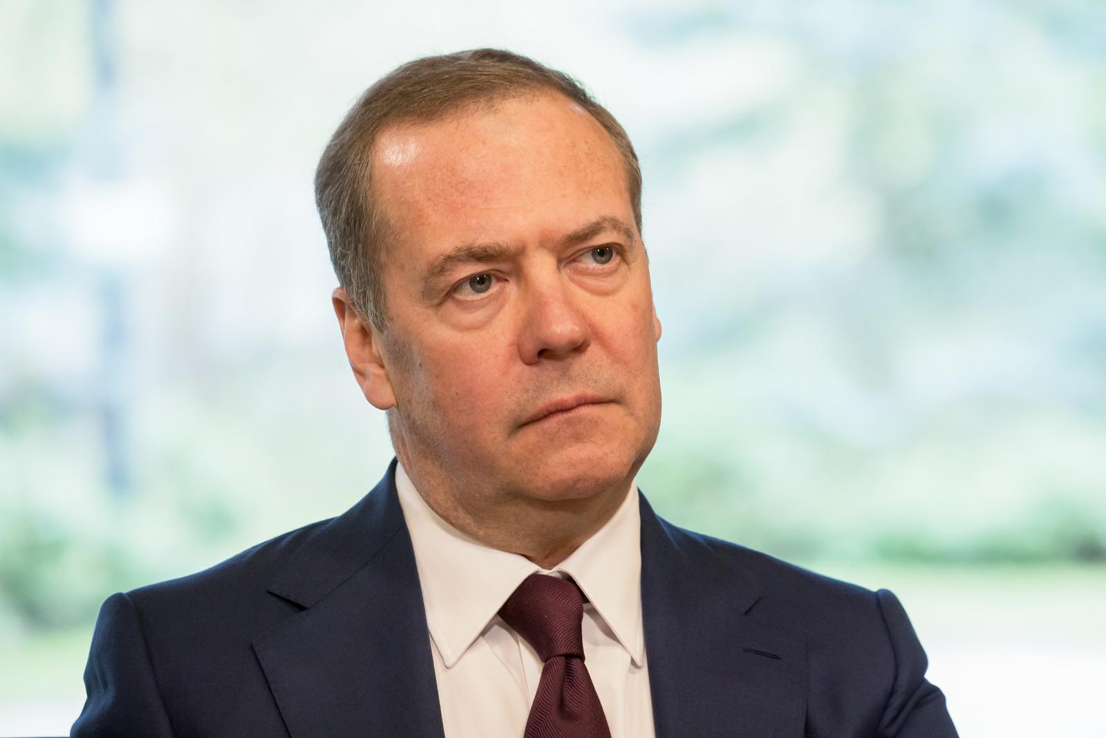 RUSSIA, MOSCOW REGION - MAY 7, 2025: Russian Security Council Deputy Chairman, United Russia Party leader Dmitry Medvedev looks on during a meeting with Cuba's President Miguel Diaz-Canel Bermudez at the Gorki residence. Yekaterina Shtukina/POOL/TASS/Sipa USA Photo: Tass/SIPA USA