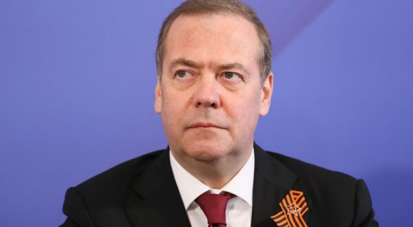 RUSSIA, MOSCOW - MAY 8, 2025: Russian Security Council Deputy Chairman, United Russia Party leader Dmitry Medvedev attends the official cancellation of postal stamps celebrating the centenary of the births of Soviet authors who fought in the Great Patriotic War (the Eastern Front of WWII), at the Office of the Union of Writers of Russia. Mikhail Sinitsyn/TASS/Sipa USA Photo: Tass/SIPA USA