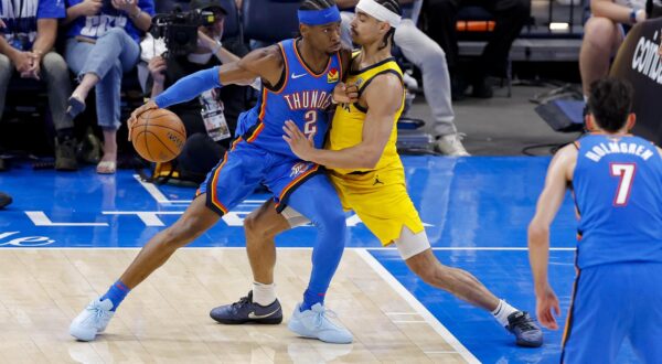 Jun 8, 2025; Oklahoma City, Oklahoma, USA; Oklahoma City Thunder guard Shai Gilgeous-Alexander (2) looks to move the ball to the basket past Indiana Pacers guard Andrew Nembhard (2) during the third quarter of game two of the 2025 NBA Finals at Paycom Center. Mandatory Credit: Alonzo Adams-Imagn Images/Sipa USA Photo: Imagn Images/SIPA USA