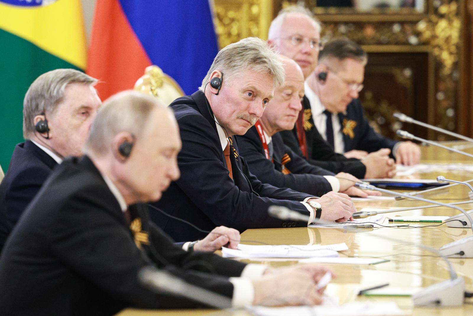 RUSSIA, MOSCOW - MAY 9, 2025: Dmitry Peskov, Presidential Press Secretary of Russia, attends a bilateral meeting between President Vladimir Putin and his Brazilian counterpart Luiz Inacio Lula da Silva at the Moscow Kremlin. Alexander Shcherbak/TASS/Sipa USA Photo: Tass/SIPA USA