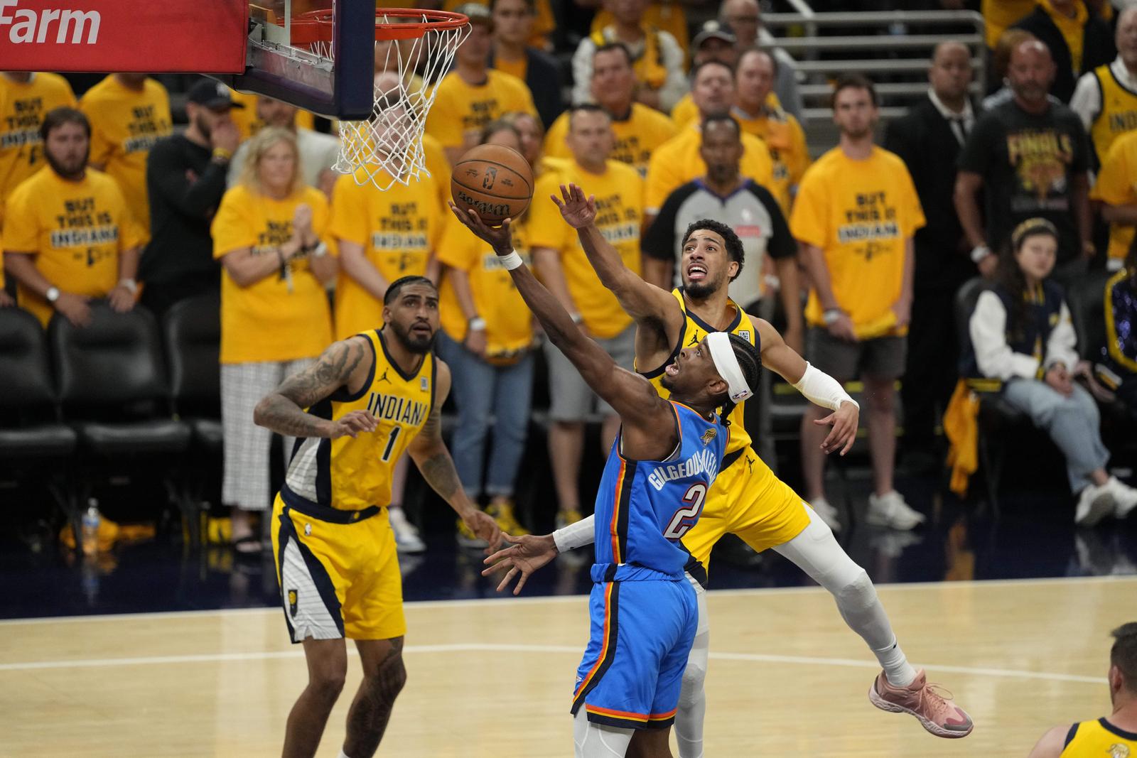 Jun 11, 2025; Indianapolis, Indiana, USA; Oklahoma City Thunder guard Shai Gilgeous-Alexander (2) shoots the ball against Indiana Pacers guard Tyrese Haliburton (0) during the first half during game three of the 2025 NBA Finals at Gainbridge Fieldhouse. Mandatory Credit: Kyle Terada-Imagn Images/Sipa USA Photo: Imagn Images/SIPA USA