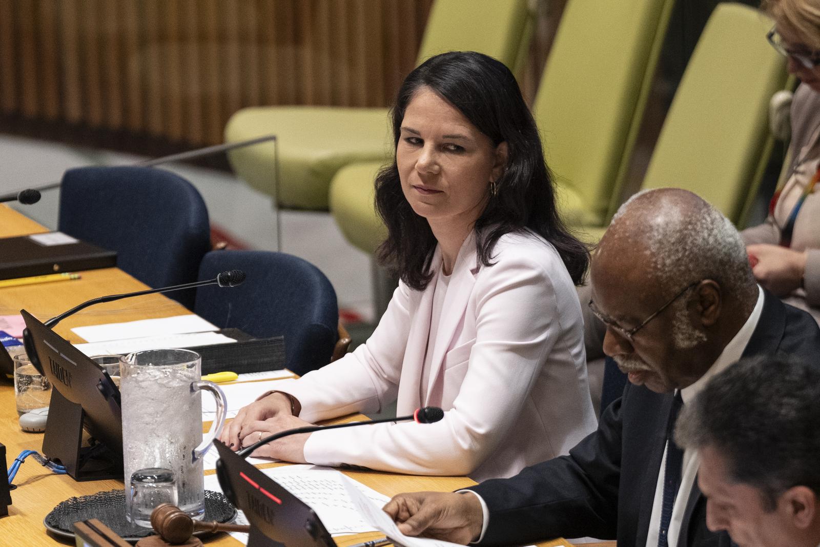 Annalena Baerbock, Member of the German Bundestag, Former Minister for Foreign Affairs of the Federal Republic of Germany and candidate for the position of President of the 80th General Assembly attends informal interactive dialogue with the candidate for the position of President of the General Assembly at UN Headquarters in New York on May 15, 2025. (Photo by Lev Radin/Sipa USA) Photo: Lev Radin/SIPA USA