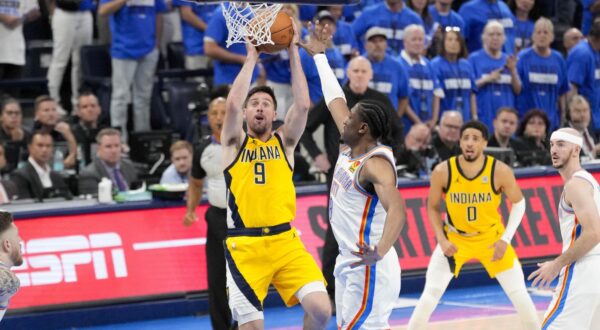 Jun 16, 2025; Oklahoma City, Oklahoma, USA; Indiana Pacers guard T.J. McConnell (9) shoots the ball over Oklahoma City Thunder forward Jalen Williams (8) during the third quarter in game five of the 2025 NBA Finals at Paycom Center. Mandatory Credit: Kyle Terada-Imagn Images/Sipa USA Photo: Imagn Images/SIPA USA