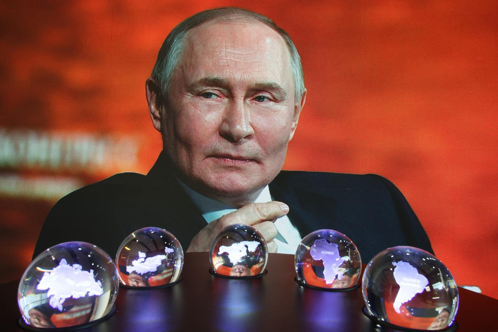 RUSSIA, ST PETERSBURG - JUNE 20, 2025: A video screen shows Russia's President Vladimir Putin ashe attends the plenary session on Day 3 of the 28th St Petersburg International Economic Forum (SPIEF) at the Expoforum Convention and Exhibition Centre. Peter Kovalev/TASS/Sipa USA Photo: Tass/SIPA USA