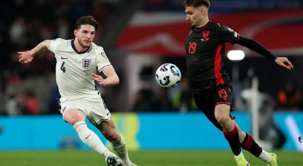 London, England, 21st March 2025. Declan Rice of England and Adrion Pajaziti of Albania challenge for the ball during the FIFA World Cup, WM, Weltmeisterschaft, Fussball European Qualifying match at Wembley Stadium, London. Picture credit should read: Paul Terry / Sportimage EDITORIAL USE ONLY. No use with unauthorised audio, video, data, fixture lists, club/league logos or live services. Online in-match use limited to 120 images, no video emulation. No use in betting, games or single club/league/player publications. SPI_170_PT_England_Albania SPI-3761-0152 Photo: IMAGO/Paul Terry/IMAGOSPORT