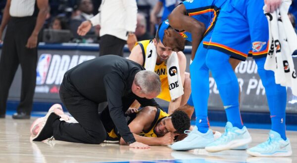 Jun 22, 2025; Oklahoma City, Oklahoma, USA; Indiana Pacers guard Tyrese Haliburton (0) reacts after suffering an injury during the first quarter against the Oklahoma City Thunder during game seven of the 2025 NBA Finals at Paycom Center. Mandatory Credit: Kyle Terada-Imagn Images/Sipa USA Photo: Imagn Images/SIPA USA
