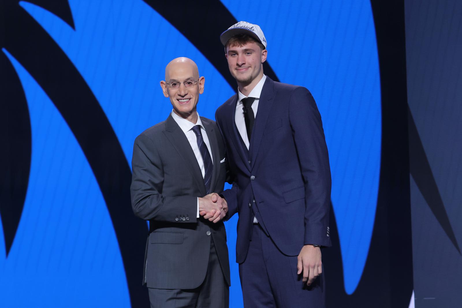 Jun 25, 2025; Brooklyn, NY, USA;  Cooper Flagg poses with NBA commissioner Adam Silver after being selected as first overall by the Dallas Mavericks in the first round of the 2025 NBA Draft at Barclays Center. Mandatory Credit: Brad Penner-Imagn Images/Sipa USA Photo: Imagn Images/SIPA USA