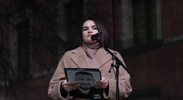 Belarusian opposition leader Sviatlana Tsikhanouskaya speaks as she takes part in the March of Belarusians. Many Belarusians around the world came together to protest against the presidential election in Belarus.  Alexander Lukashenko, who has held the post since 1994, is seeking a seventh term. (Photo by Marek Antoni Iwanczuk / SOPA Images/Sipa USA) Photo: SOPA Images/SIPA USA