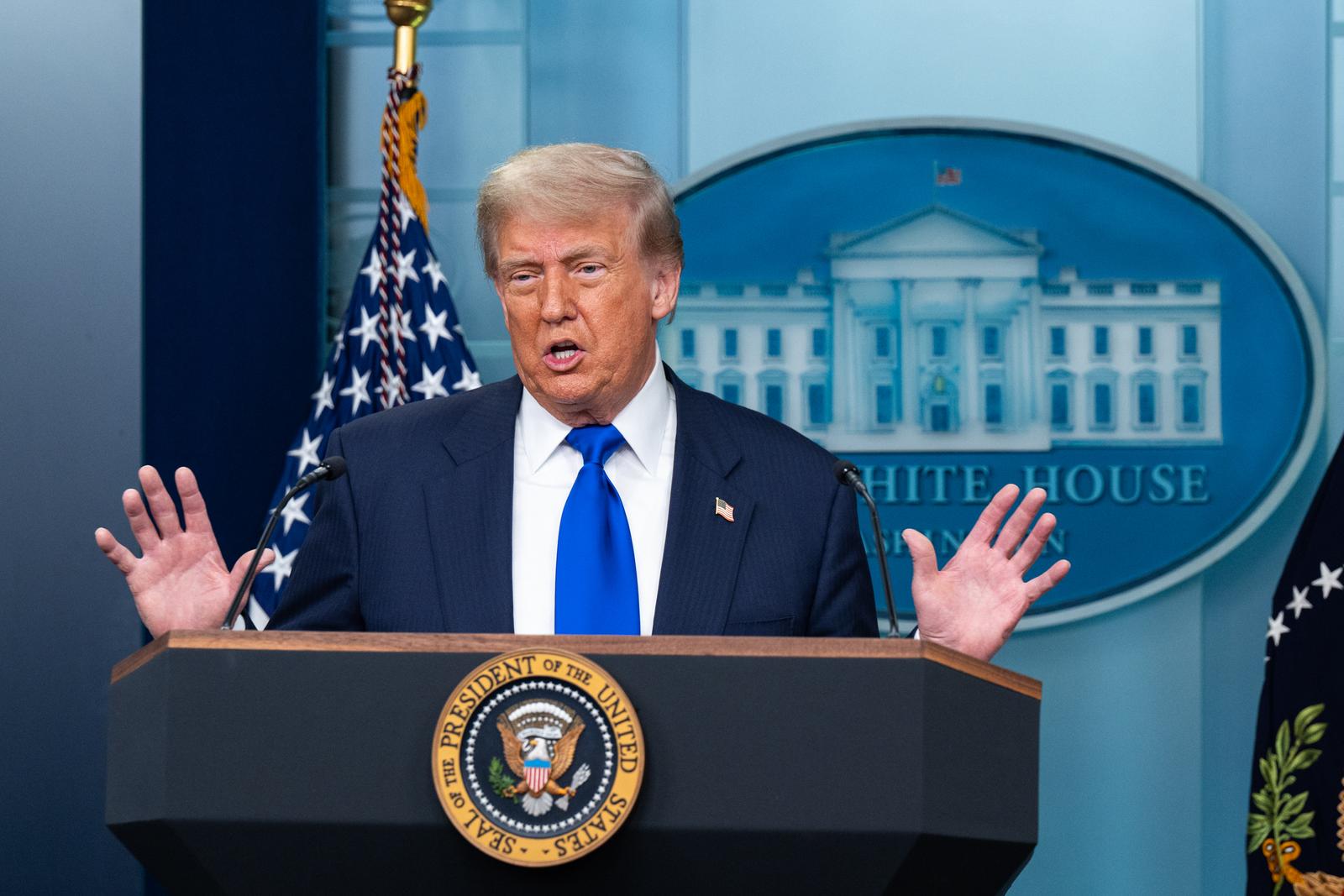 U.S. President Donald Trump takes questions at a press briefing with U.S. Attorney General Pam Bondi and U.S. Deputy Attorney General Todd Blanche in the James S. Brady Press Briefing Room in the White House in Washington, DC on Friday, June 27, 2025. President Trump addressed Iran, the Big, Beautiful Bill and tariffs. (Photo by Annabelle Gordon/Sipa USA) 
 Photo: Sipa USA/SIPA USA