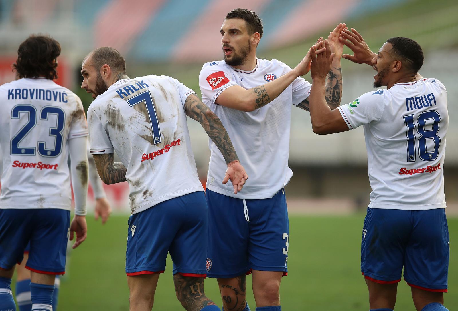11.02.2024., stadion Poljud, Split - SuperSport HNL, 22. kolo, HNK Hajduk - NK Slaven Belupo. Filip Krovinovic, Anthony Kalik, Zvonimir Sarlija, Fahd Moufi Photo: Zvonimir Barisin/PIXSELL