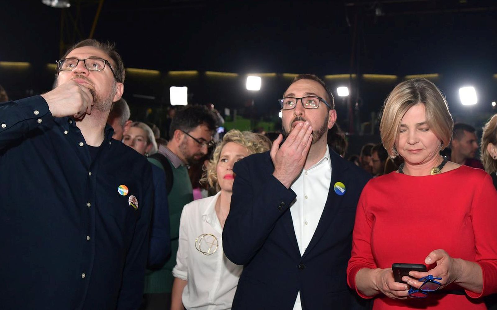 17.04.2024., Zagreb - Docek izbornih rezultata za Hrvatski saboru u stozeru politicke platforme Mozemo! u Tvornici kulture. Teodor Celakoski, Tomislav Tomasevic, Sandra Bencic Photo: Sandra Simunovic/PIXSELL