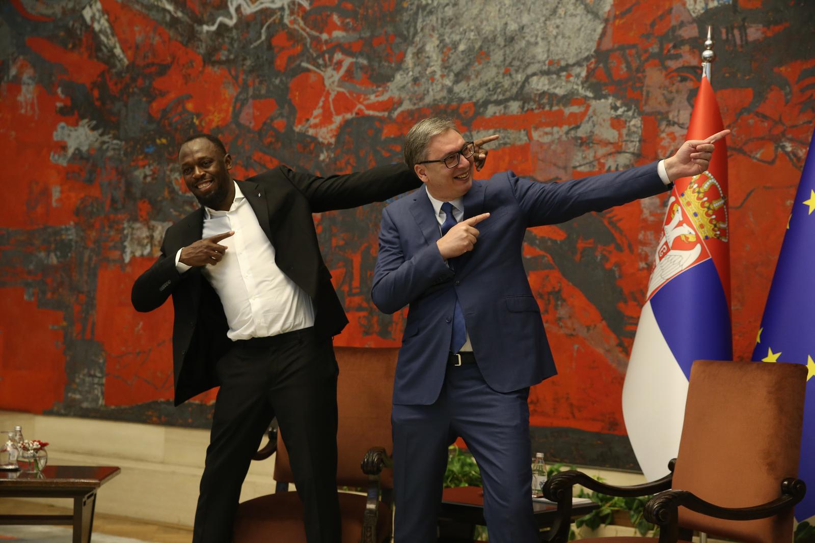 17, Jun, 2025, Belgrade - The President of the Republic of Serbia Aleksandar Vucic met with multiple Olympic champion and record holder in sprint athletics, Usain Bolt, at the Palace of Serbia. Usain Saint Leo Bolt, Aleksandar Vucic. Photo: F. S./ATAImages

17, jun, 2025, Beograd - Predsednik Republike Srbije Aleksandar Vucic sastao se sa visestrukim olimpijskim sampionom i rekorderom u sprinterskim atletskim disciplinama Juseinom Boltom,  u Palati Srbija.  Photo: F. S./ATAImages Photo: F.S./ATAImages/PIXSELL