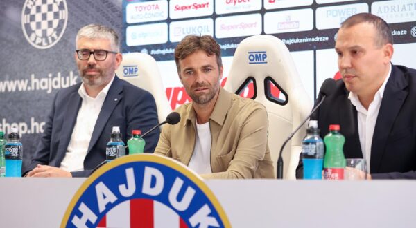 20.06.2025., Split - Konferencija za medije HNK-a Hajduk. predsjednik Uprave Hajduka Ivan Bilic, trener Hajduka Gonzalo Garcia, sportski direktor Francois Vitali. Photo: Ivana Ivanovic/PIXSELL