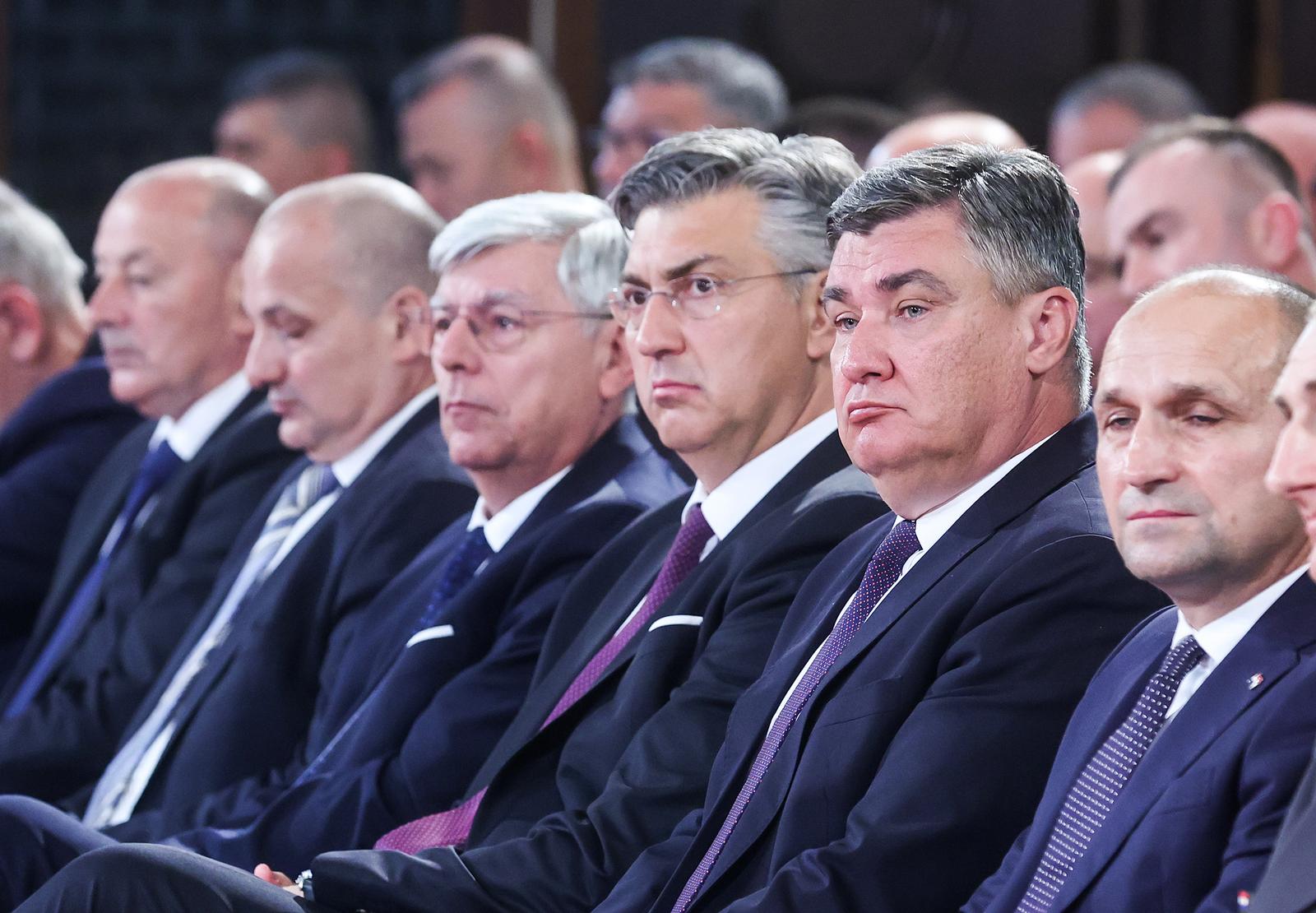 28.05.2025., Zagreb - -Svecana akademija povodom obiljezavanja Dana Hrvatske vojske, Dana Hrvatske kopnene vojske i 34. obljetnice ustrojavanja Hrvatske vojske. Orsat Miljenic, Zeljko Reiner, Mario Mladenovski, predsjednik Vlade RH Andrej Plenkovic, Zoran Milanovic i potpredsjednik Vlade i ministar obrane Ivan Anusic Photo: Slavko Midzor/PIXSELL