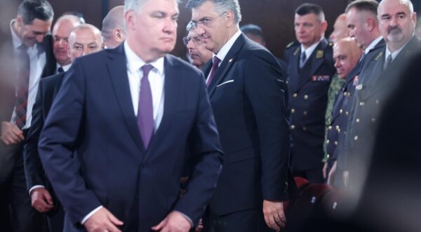 28.05.2025., Zagreb - -Svecana akademija povodom obiljezavanja Dana Hrvatske vojske, Dana Hrvatske kopnene vojske i 34. obljetnice ustrojavanja Hrvatske vojske. potpredsjednik Vlade i ministar branitelja Tomo Medved, Zoran Milanovic, Zeljko Reiner i predsjednik Vlade RH Andrej Plenkovic Photo: Slavko Midzor/PIXSELL