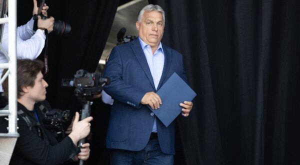 Hungary's Prime Minister Viktor Orban addresses the audience, as part of a meeting of the group Patriots for Europe in the European Parliament gathering European far-right leaders in Mormant-sur-Vernisson, center France, on June 9, 2025. In the countryside of Mormant-sur-Vernisson, the event was dubbed "The Victory Festival": the one won on June 9, 2024, exactly one year ago, by the National Rally when its list came out on top in the European election, receiving 31.37% of the votes, at the time the best score in the history of the far-right party in a first round. Photo by Raphael Lafargue/ABACAPRESS.COM Photo: Lafargue Raphael/ABACA/ABACA
