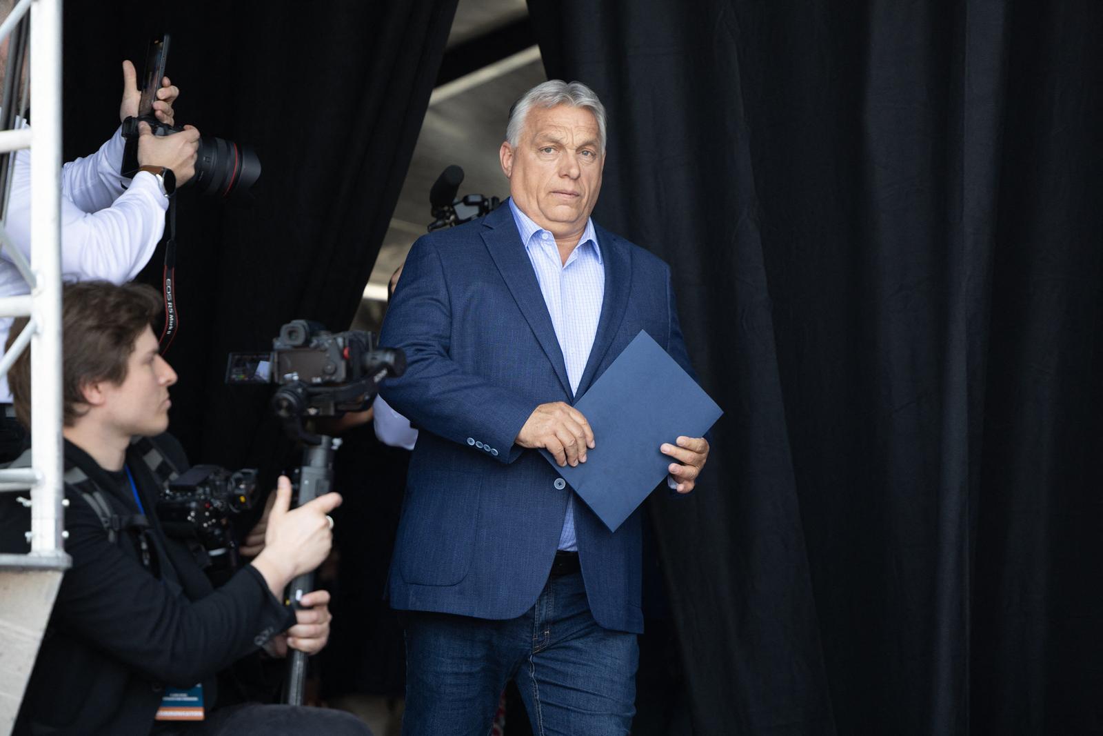 Hungary's Prime Minister Viktor Orban addresses the audience, as part of a meeting of the group Patriots for Europe in the European Parliament gathering European far-right leaders in Mormant-sur-Vernisson, center France, on June 9, 2025. In the countryside of Mormant-sur-Vernisson, the event was dubbed "The Victory Festival": the one won on June 9, 2024, exactly one year ago, by the National Rally when its list came out on top in the European election, receiving 31.37% of the votes, at the time the best score in the history of the far-right party in a first round. Photo by Raphael Lafargue/ABACAPRESS.COM Photo: Lafargue Raphael/ABACA/ABACA