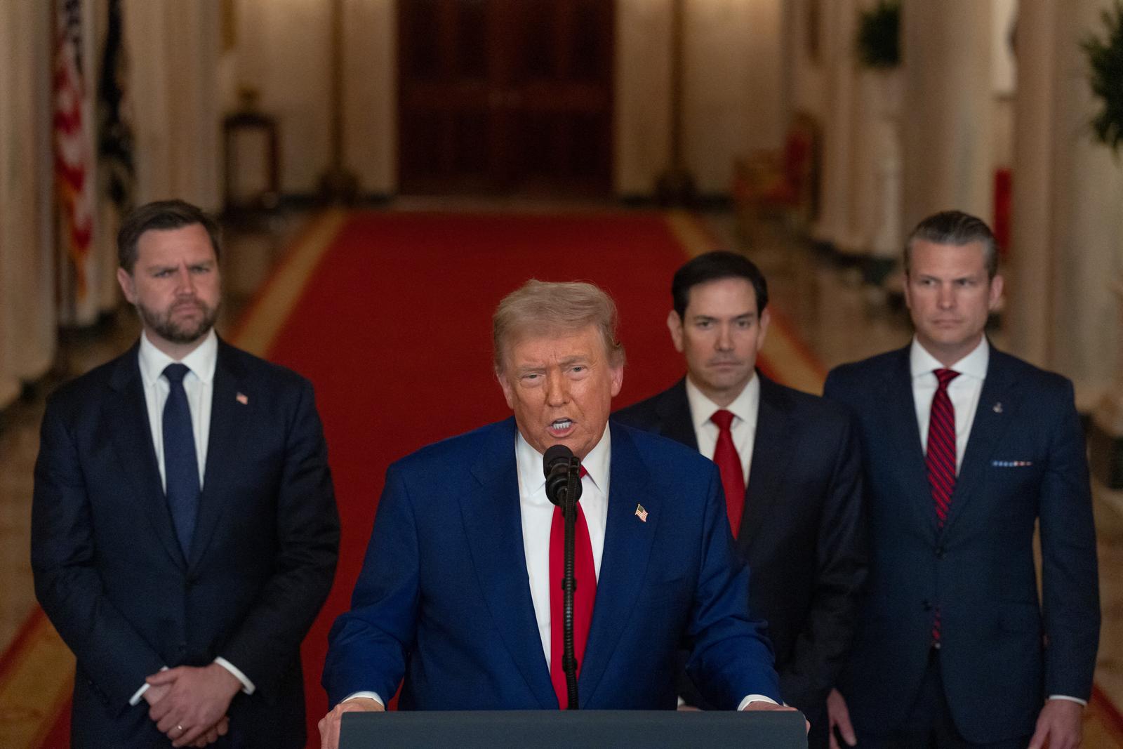 U.S. President Donald Trump delivers an address to the nation alongside U.S. Vice President JD Vance, U.S. Secretary of State Marco Rubio and U.S. Defense Secretary Pete Hegseth at the White House in Washington, D.C., U.S. June 21, 2025, following U.S. strikes on Iran's nuclear facilities. REUTERS/Carlos Barria/Pool Photo: Pool/ABACA/ABACA