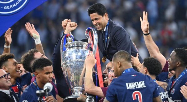 Player, team photo, team, squad, team photo Nasser Ghanim Al-Khelaifi (President PSG) with cup, cup, trophy, jubilation, joy, enthusiasm, award ceremony, football UEFA Champions League final Paris Saint-Germain (PSG) - Inter Milan 5-0, on May 31, 2025 Munich Football Arena, ? Photo: Frank Hoermann/SVEN SIMON/DPA