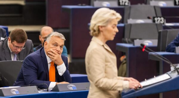 09 October 2024, France, Straßburg: Ursula von der Leyen (CDU), President of the European Commission, stands in the plenary chamber of the European Parliament and speaks while Vikor Orban (Fidesz), Prime Minister of Hungary, can be seen in the background. At the beginning of the third day of the session, Hungary's Prime Minister Orban will present the work of the Hungarian EU Council Presidency. Sustainable, decent and affordable housing in the EU will also be discussed. MEPs will then discuss cases of violations of human rights, democracy and the rule of law. Photo: Philipp von Ditfurth//dpa Photo: Philipp von Ditfurth/DPA