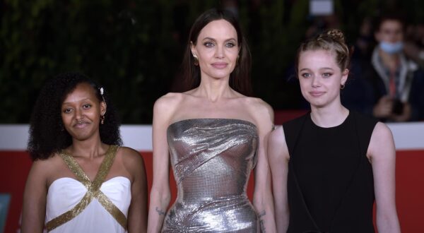 ROME, ITALY - OCTOBER 24 Zahara Marley Jolie-Pitt, Angelina Jolie ,Shiloh Jolie-Pitt,attends the red carpet of the movie "Eternals" during the 16th Rome Film Fest 2021 on October 24, 2021 in Rome, Italy.