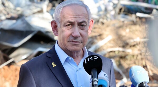 Israel's Prime Minister Benjamin Netanyahu gives a statement during a visit to the site of the Weizmann Institute of Science, which was hit by an Iranian missile barrage, in the central city of Rehovot on Friday, June 20, 2025. Pool photo by Jack GUEZ/UPI Photo via Newscom Photo: JACK GUEZ/NEWSCOM