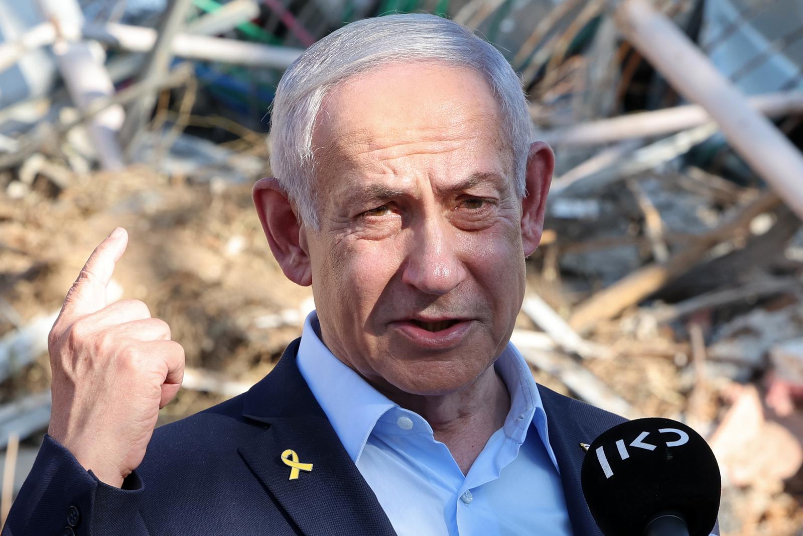Israel's Prime Minister Benjamin Netanyahu gives a statement during a visit to the site of the Weizmann Institute of Science, which was hit by an Iranian missile barrage, in the central city of Rehovot on Friday, June 20, 2025. Pool photo by Jack GUEZ/UPI Photo via Newscom Photo: JACK GUEZ/NEWSCOM