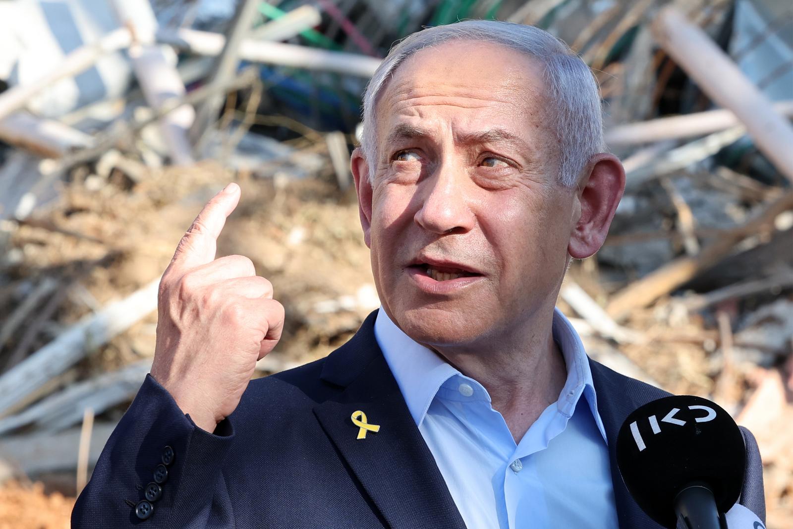 Israel's Prime Minister Benjamin Netanyahu gives a statement during a visit to the site of the Weizmann Institute of Science, which was hit by an Iranian missile barrage, in the central city of Rehovot on Friday, June 20, 2025. Pool photo by Jack GUEZ/UPI Photo via Newscom Photo: JACK GUEZ/NEWSCOM