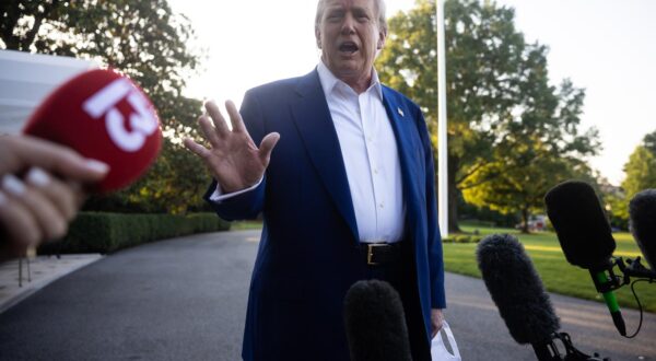 United States President Donald J Trump speaks with reporters on the South Lawn of the White House in Washington, DC, US, before boarding Marine One on Tuesday, June 24, 2025.  The President is traveling to The Hague, Netherlands for the NATO Summit. Credit: Francis Chung / Pool via CNP Photo via Newscom Photo: Francis Chung - Pool via CNP/NEWSCOM
