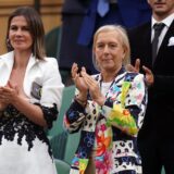 Julia Lemigova (left) and Martina Navratilova in the royal box on day thirteen of the 2023 Wimbledon Championships at the All England Lawn Tennis and Croquet Club in Wimbledon. Picture date: Saturday July 15, 2023. Photo: Adam Davy/PRESS ASSOCIATION