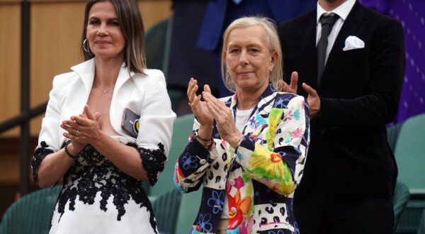 Julia Lemigova (left) and Martina Navratilova in the royal box on day thirteen of the 2023 Wimbledon Championships at the All England Lawn Tennis and Croquet Club in Wimbledon. Picture date: Saturday July 15, 2023. Photo: Adam Davy/PRESS ASSOCIATION