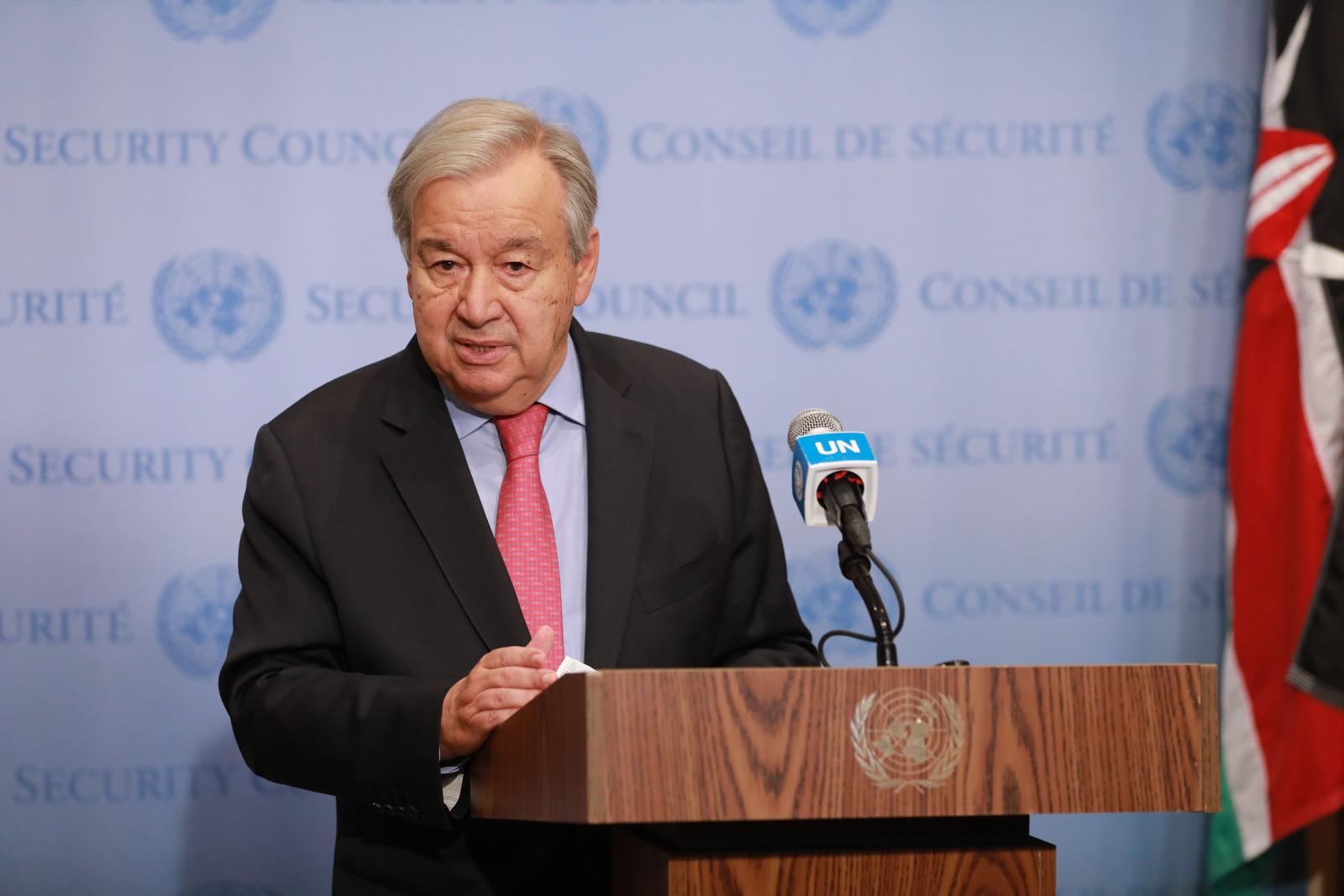 (211011) -- UNITED NATIONS, Oct. 11, 2021 (Xinhua) -- United Nations Secretary-General Antonio Guterres speaks to reporters at the UN headquarters in New York, on Oct. 11, 2021. Guterres on Monday called for the injection of liquidity to keep the Afghan economy afloat. (Xinhua/Xie E) Photo: Xie E/XINHUA