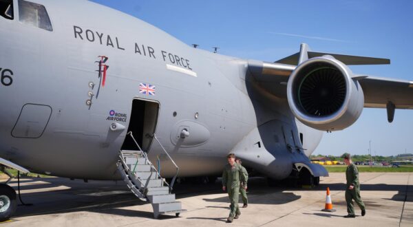 The aircrew of a Boeing C-17 Globemaster military transport aircraft, which is due to take part in the Royal Air Force flypast on May 5, during events marking the 80th Anniversary of VE Day, check the aircraft at RAF Brize Norton, Oxfordshire. Picture date: Wednesday April 30, 2025. Photo: Ben Birchall/PRESS ASSOCIATION