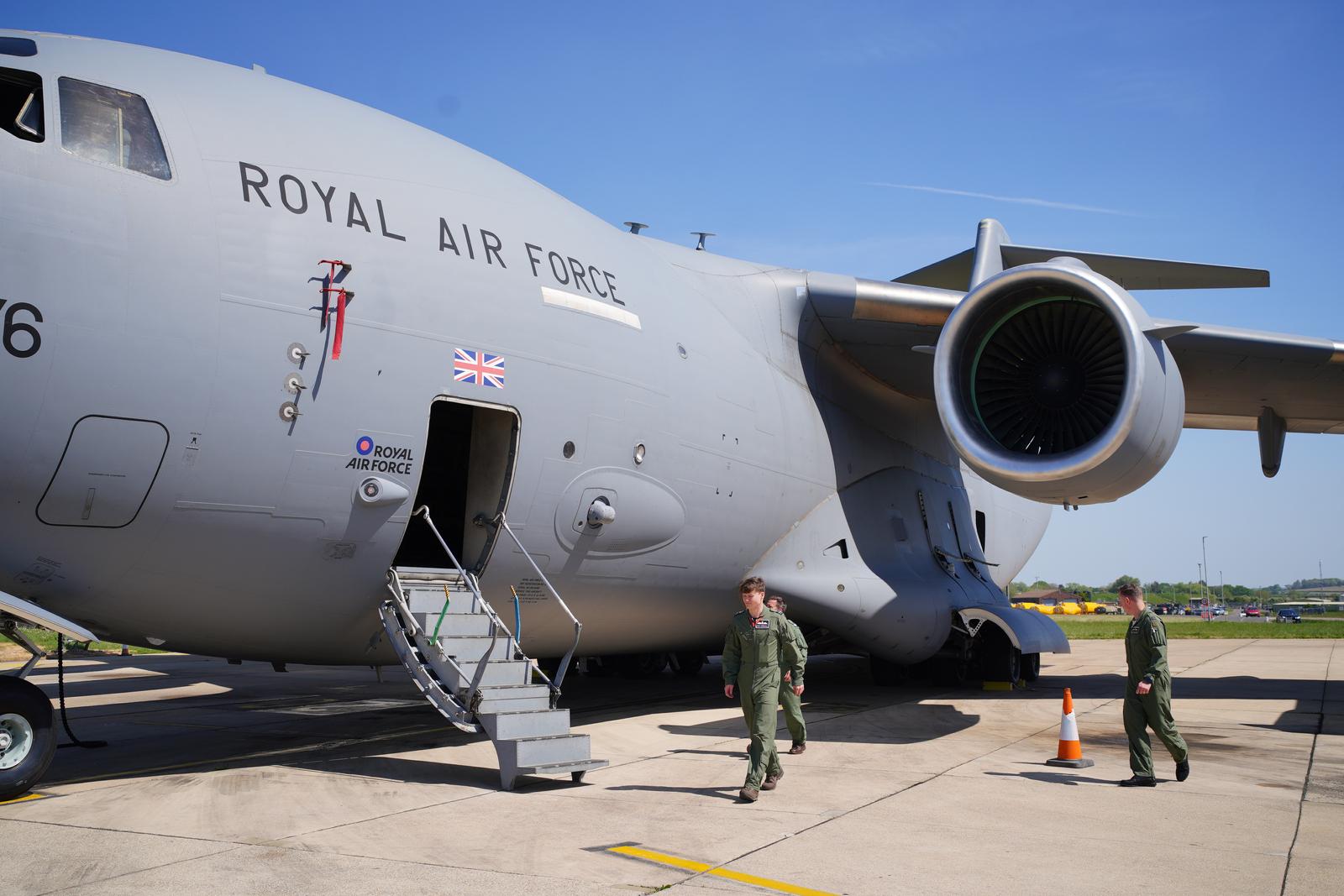 The aircrew of a Boeing C-17 Globemaster military transport aircraft, which is due to take part in the Royal Air Force flypast on May 5, during events marking the 80th Anniversary of VE Day, check the aircraft at RAF Brize Norton, Oxfordshire. Picture date: Wednesday April 30, 2025. Photo: Ben Birchall/PRESS ASSOCIATION