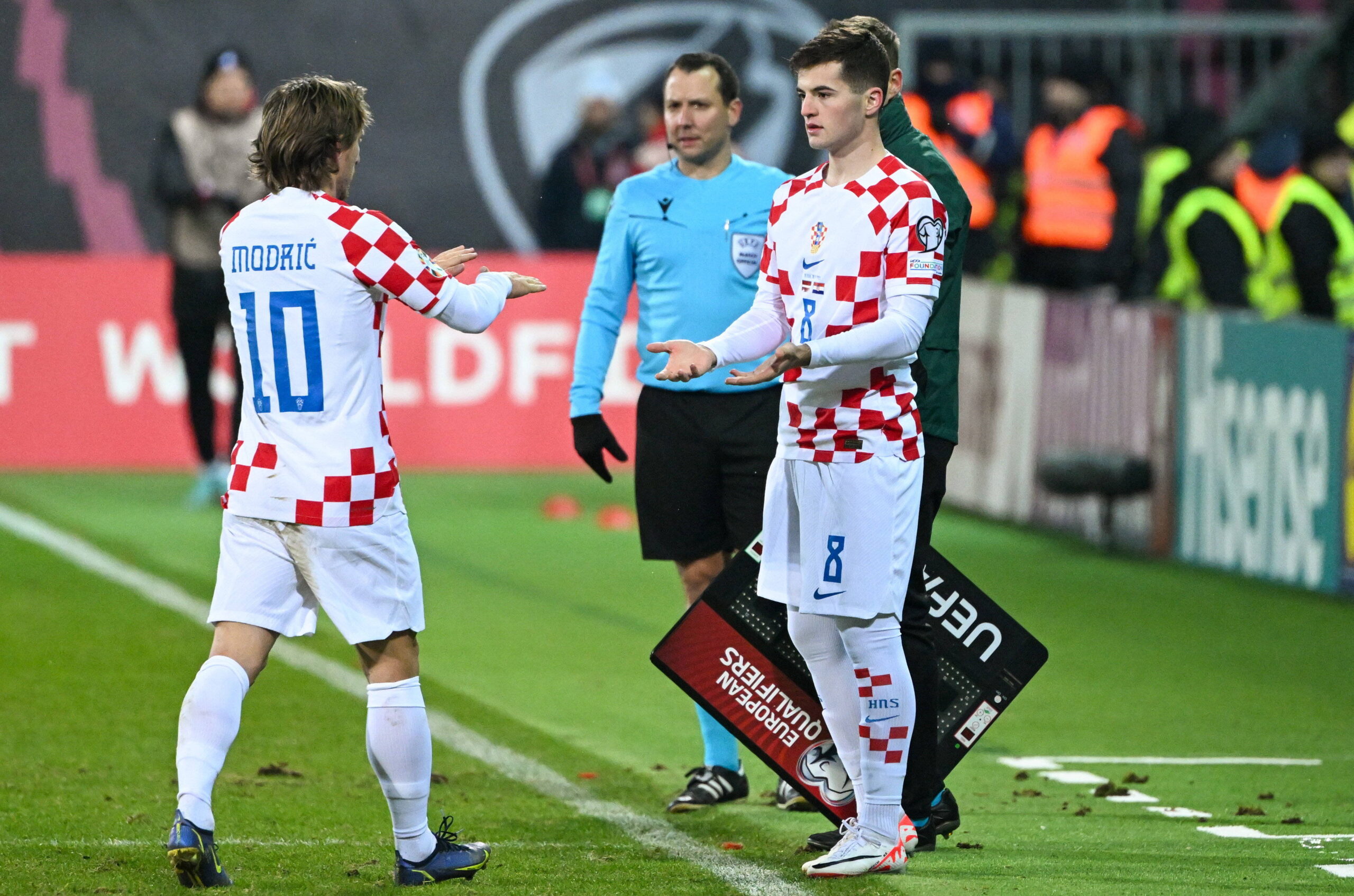 RECORD DATE NOT STATED  Riga, Latvija , 181123. Stadion Sconto. Riga, Latvia, 181123. Sconto Stadium. Football match of the 7th round of qualifying group D for Euro 2024, Latvia - Croatia. In the photo: Luka Modric i Martin Baturina. Photo: Ante Cizmic/ CROPIX Split CROATIA Copyright: xxAntexCizmicx 0365803476st