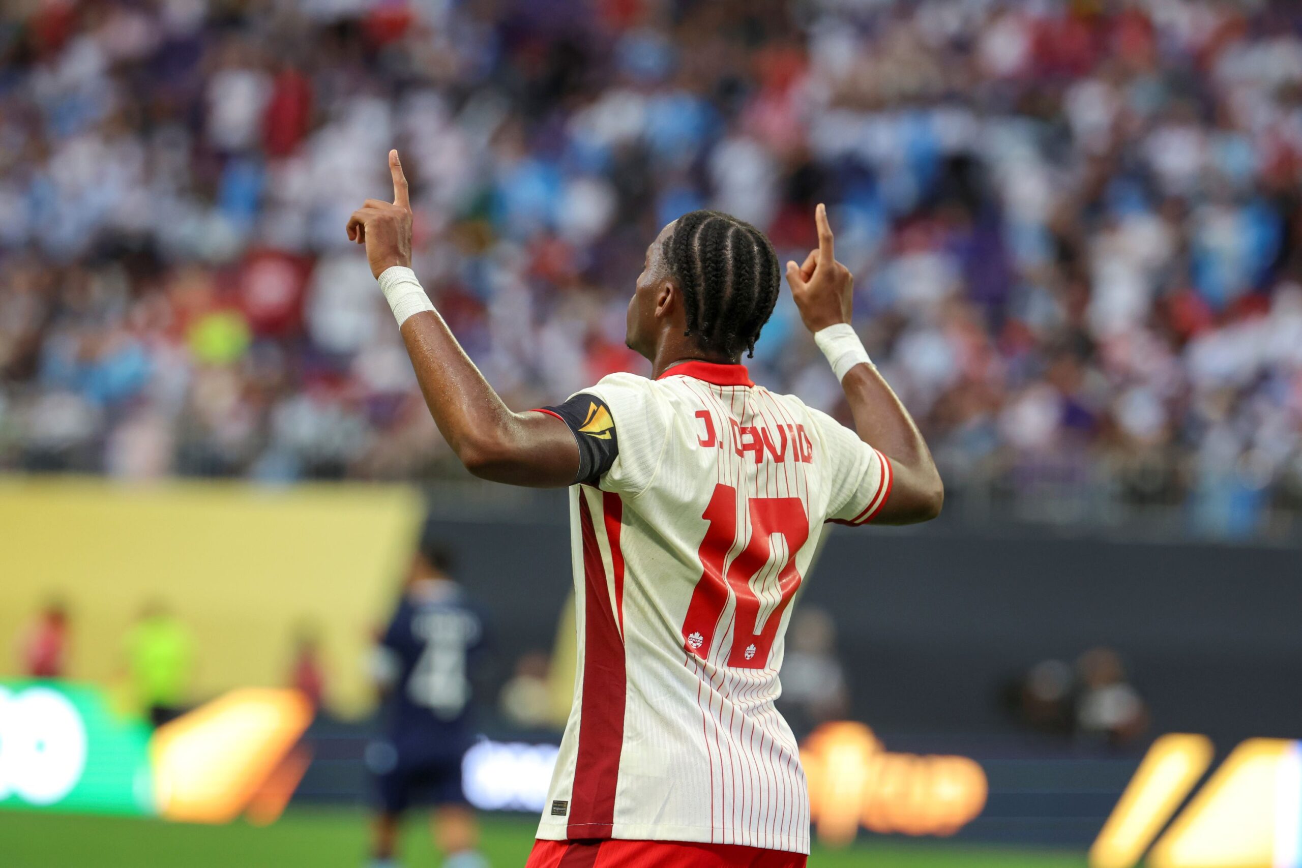 June 29th, 2025: Canada forward Jonathan David (10) celebrates a goal in the first half during a CONCACAF Gold Cup quarterfinals soccer match between Canada and Guatemala at US Bank Stadium in Minneapolis, MN. Steven Garcia-CSM. (Credit Image: © Steven Garcia/Cal Sport Media) (Cal Sport Media via AP Images) Soccer 2025: CONCACAF Gold Cup; Guatemala Vs Canada JUN 29