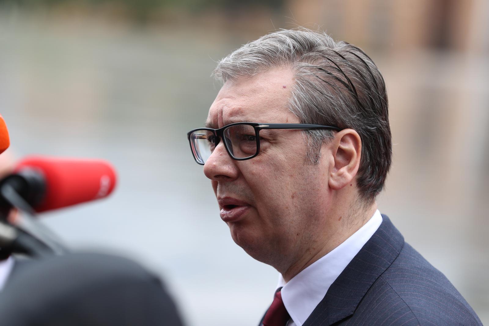 (250516) -- TIRANA, May 16, 2025 (Xinhua) -- Serbian President Aleksandar Vucic speaks to media during the 6th European Political Community (EPC) Summit in Tirana, Albania, May 16, 2025. The 6th European Political Community (EPC) Summit was held Friday in Tirana, capital of Albania, with around 50 national and regional leaders, as well as heads of European Union (EU) and international institutions attending to address shared security and economic challenges.    This is the first time the summit was held in the Western Balkans. Alongside EU member states, countries like the United Kingdom (UK), Norway, T¨¹rkiye, Ukraine and Western Balkan countries also attended the summit. (Xinhua/Zhao Dingzhe) Photo: Zhao Dingzhe/XINHUA