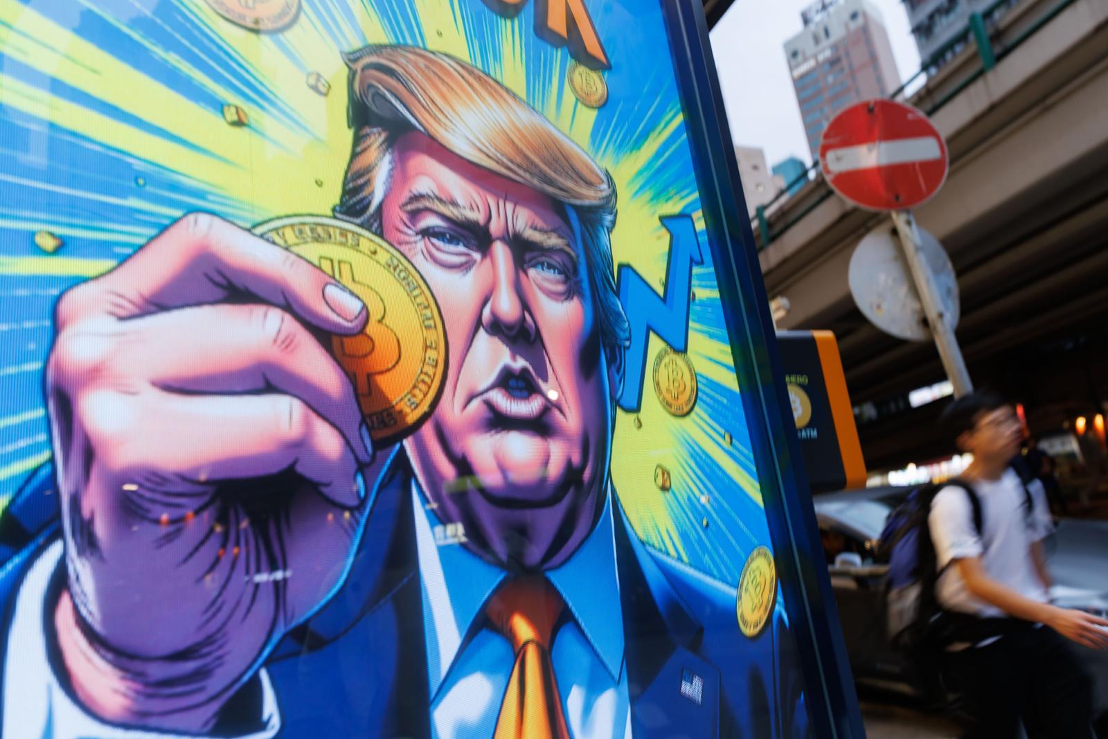People walks past an advertisement feature Donald Trump with Bitcoin in Hong Kong on Sunday, April 6, 2025. Photo/May James
U.S. reciprocal tariffs sent shockwaves to global financial markets, with cryptocurrencies also experiencing declines. Bitcoin, the world's largest cryptocurrency by market value, fell more than 5% to $78,892.92 at 1855 GMT on Sunday (Photo by May James / SOPA Images/Sipa USA) Photo: SOPA Images/SIPA USA