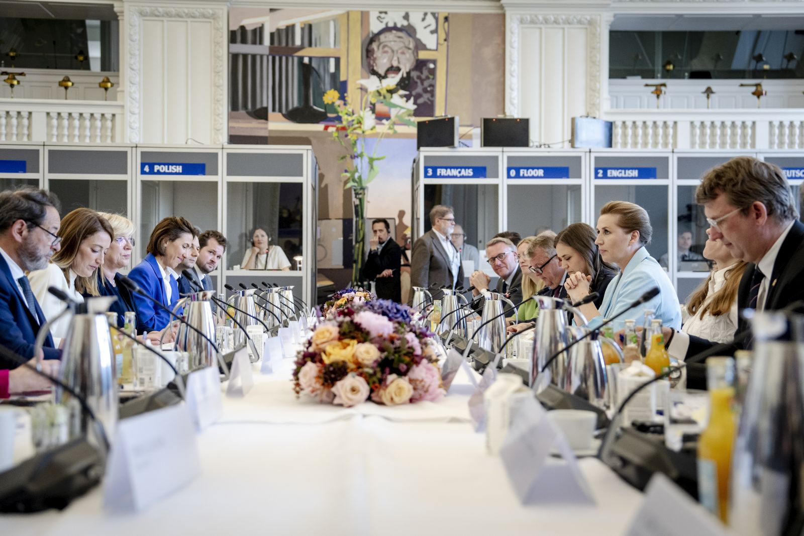epa12152942 Denmark's Prime Minister, Mette Frederiksen, and President of the European Parliament, Roberta Metsola, attend a meeting between the leadership of the European Parliament and ministers from the Danish government in the Landsting Hall at Christiansborg, Copenhagen, Denmark, 03 June 2025. The European Parliament leadership is visiting Denmark to discuss the upcoming Danish EU presidency with the government and Parliament. Denmark will assume the EU presidency on 01 July 2025.  EPA/MADS CLAUS RASMUSSEN  DENMARK OUT