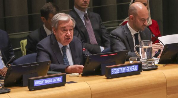 epa12268861 Secretary-General of the United Nations Antonio Guterres (L) speaks during a conference on the two-State solution to the Israeli-Palestinian conflict, at the United Nations (UN) headquarters in New York, New York, USA, 28 July 2025.  EPA/SARAH YENESEL