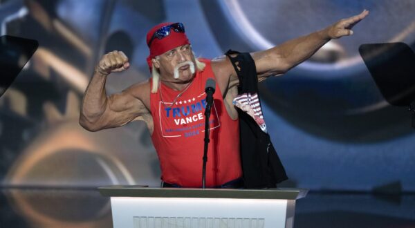 Hulk Hogan, professional entertainer and wrestler, makes remarks during day four of the 2024 Republican National Convention at the Fiserv Forum in Milwaukee, Wisconsin on Thursday, July 18, 2024. Credit: Ron Sachs / CNP    (RESTRICTION: NO Daily Mail. NO New York or New Jersey Newspapers or newspapers within a 75 mile radius of New York City.) Photo via Newscom Photo: Ron Sachs - CNP for NY Post/NEWSCOM