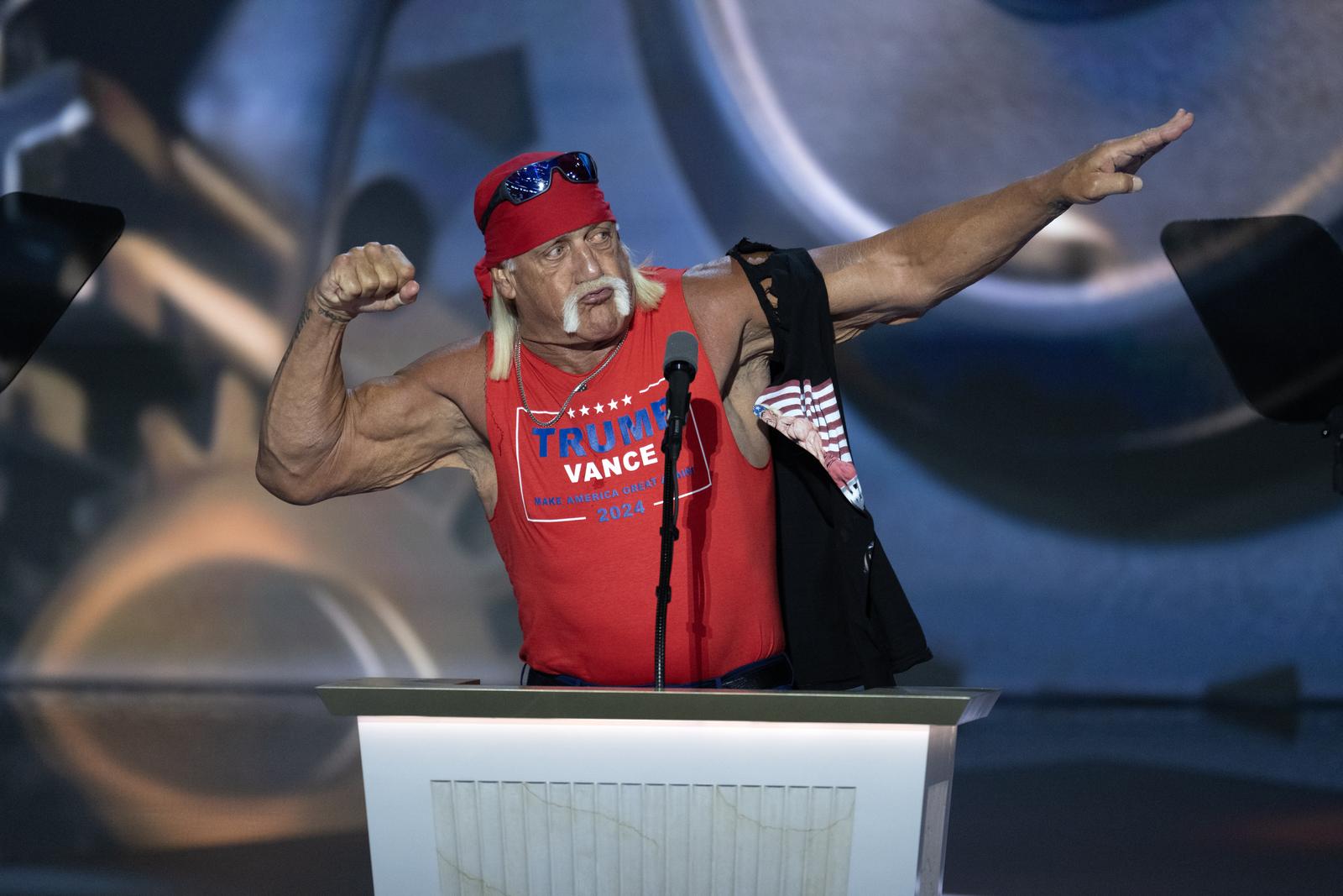 Hulk Hogan, professional entertainer and wrestler, makes remarks during day four of the 2024 Republican National Convention at the Fiserv Forum in Milwaukee, Wisconsin on Thursday, July 18, 2024. Credit: Ron Sachs / CNP    (RESTRICTION: NO Daily Mail. NO New York or New Jersey Newspapers or newspapers within a 75 mile radius of New York City.) Photo via Newscom Photo: Ron Sachs - CNP for NY Post/NEWSCOM