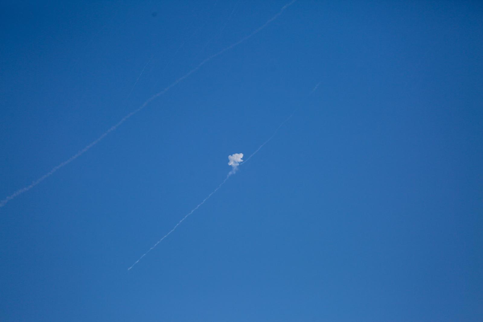 Iranian missiles aimed at targets in Israel pass through the sky of Hebron, West Bank, on June 22, 2025, as the Israeli air defense system tries to intercept them. The exchange of fire between Iran and Israel started since early morning on Friday June 13, when Israel started attacking Iran. Photo by Mosab Shawer/Middle East Images/ABACAPRESS.COM Photo: Middle East Images/ABACA/ABACA